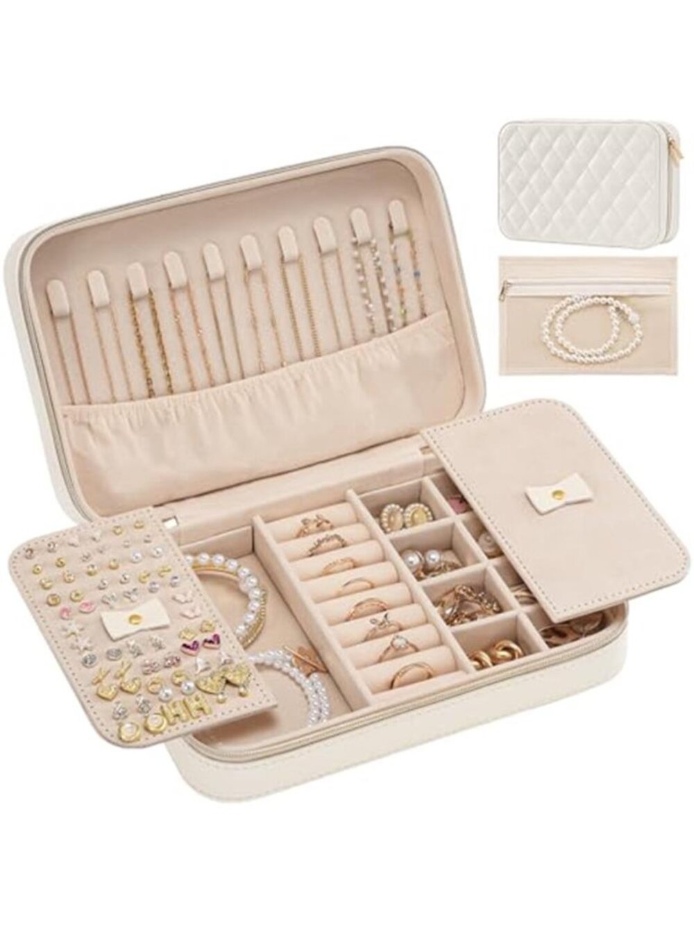 White Travel Jewelry Case Organizer Box Mirror Earring Necklace Ring Storage Bag